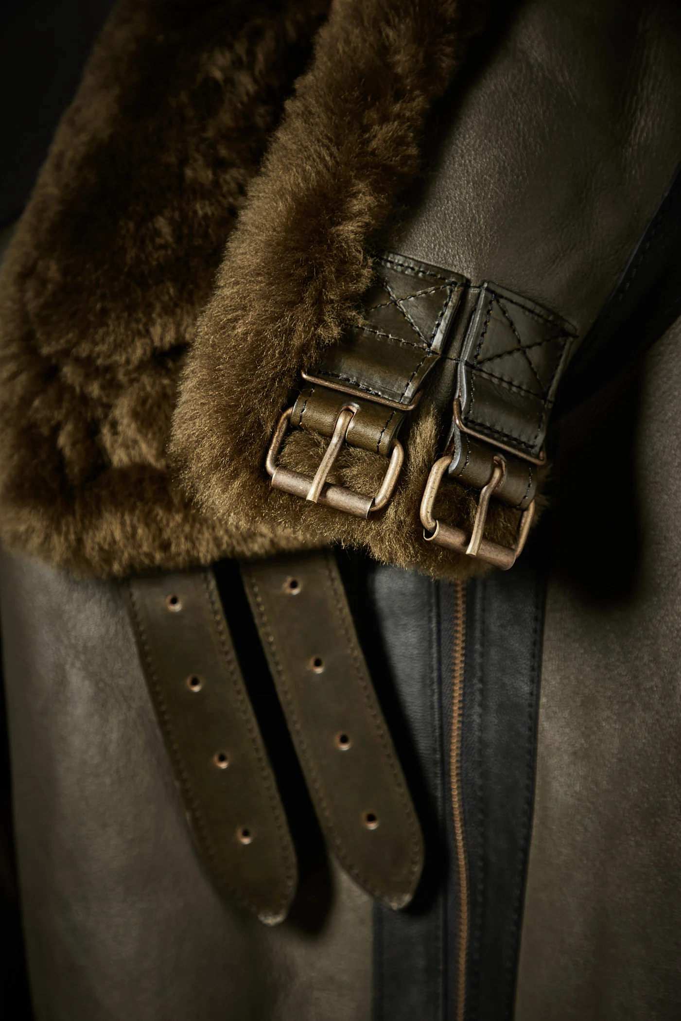 Rose Anvil X GORAL Shearling Aviator Jacket Horween Chromexcel Leather Green - Image 3