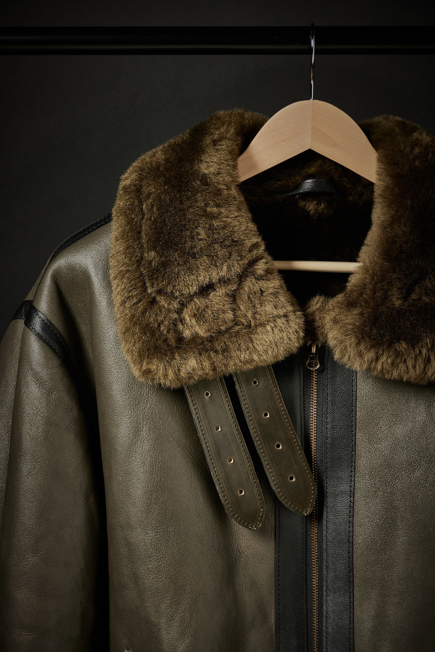 Rose Anvil X GORAL Shearling Aviator Jacket Horween Chromexcel Leather Green - Image 5