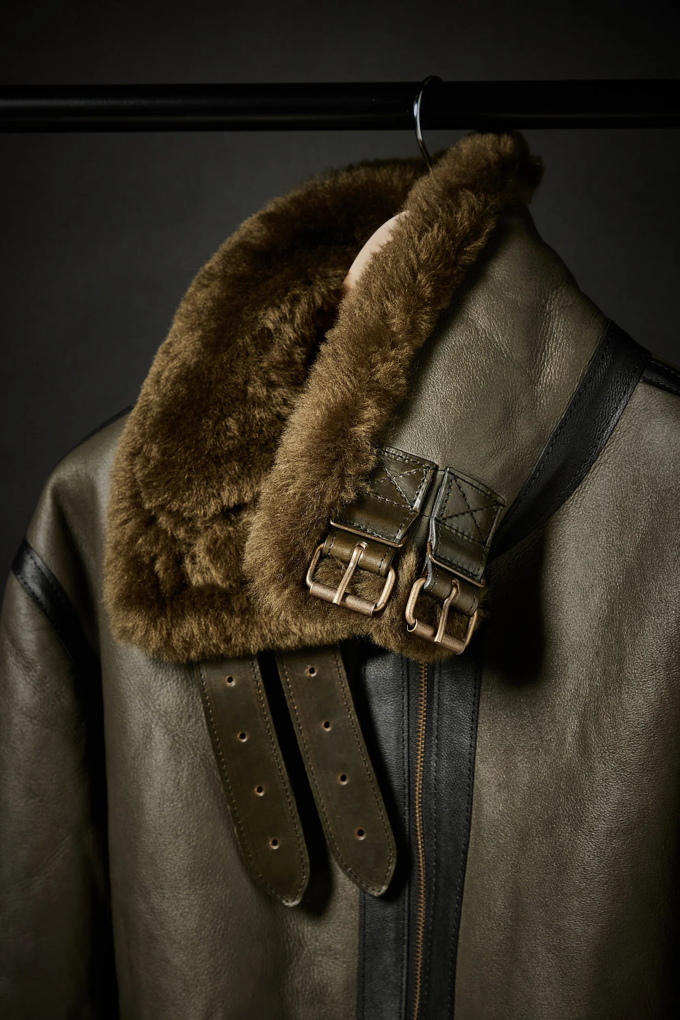 Rose Anvil X GORAL Shearling Aviator Jacket Horween Chromexcel Leather Green - Image 6